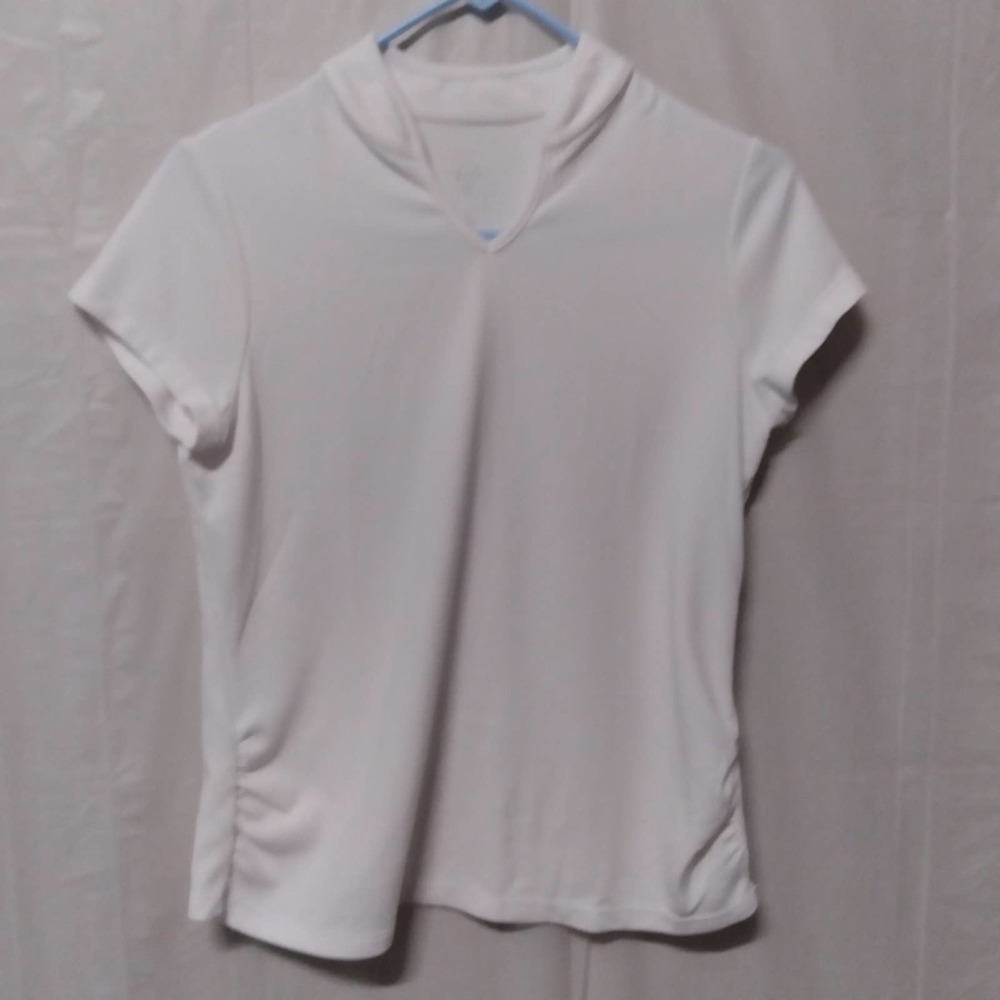 🦋 RUBY Rd Petite Short Sleeve Top Shirt White V-Neck Ruched Size PS